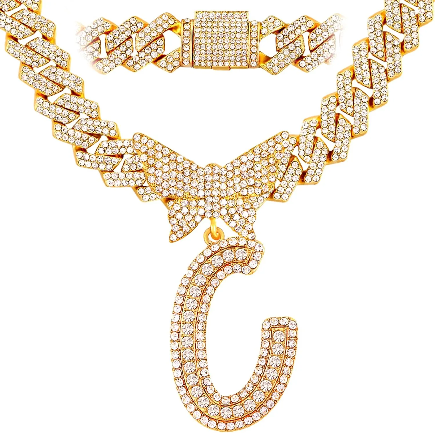 Cuban Link Chain for Women Cursive Silver Initial 14MM Diamond Prong Cuban Chain Hip Hop Iced Out Chain Necklace Butterfly Initial Letter Name Necklaces for Women