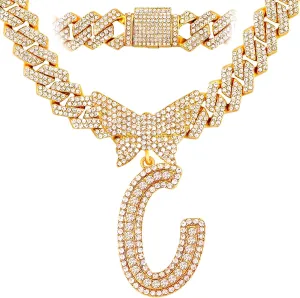 Cuban Link Chain for Women Cursive Silver Initial 14MM Diamond Prong Cuban Chain Hip Hop Iced Out Chain Necklace Butterfly Initial Letter Name Necklaces for Women