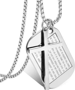 Cupimatch Men's English Bible Dog Tags Cross Prayer Pendant Necklaces, Stainless Steel Jesus Verse Lords Catholic Necklace Chain 24"