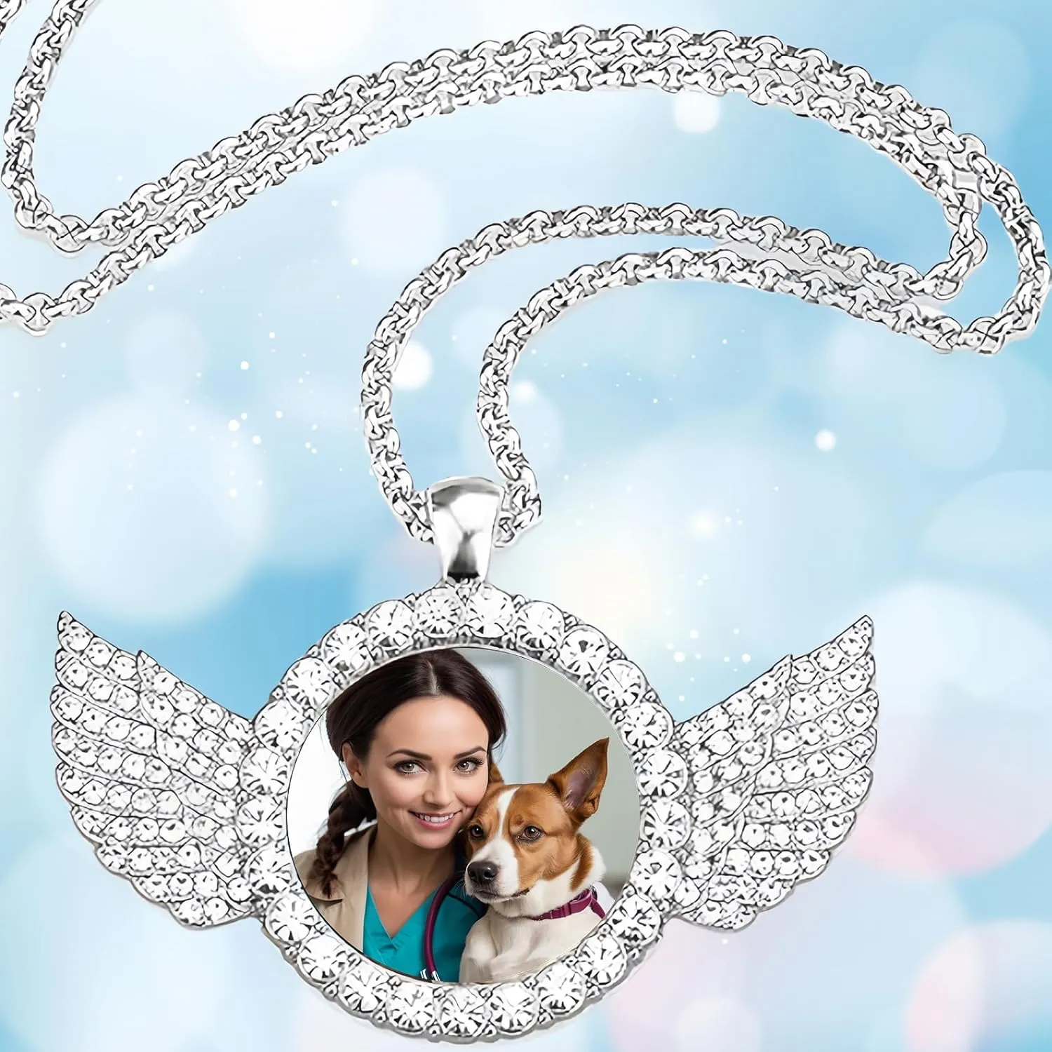 Custom Circle Chain with Wings, Personalized Memory Necklaces with Picture, Customized Angel Wings Round Chain, Gifts for Men Women