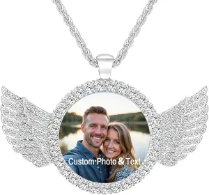Custom Circle Chain with Wings, Personalized Memory Necklaces with Picture, Customized Angel Wings Round Chain, Gifts for Men Women
