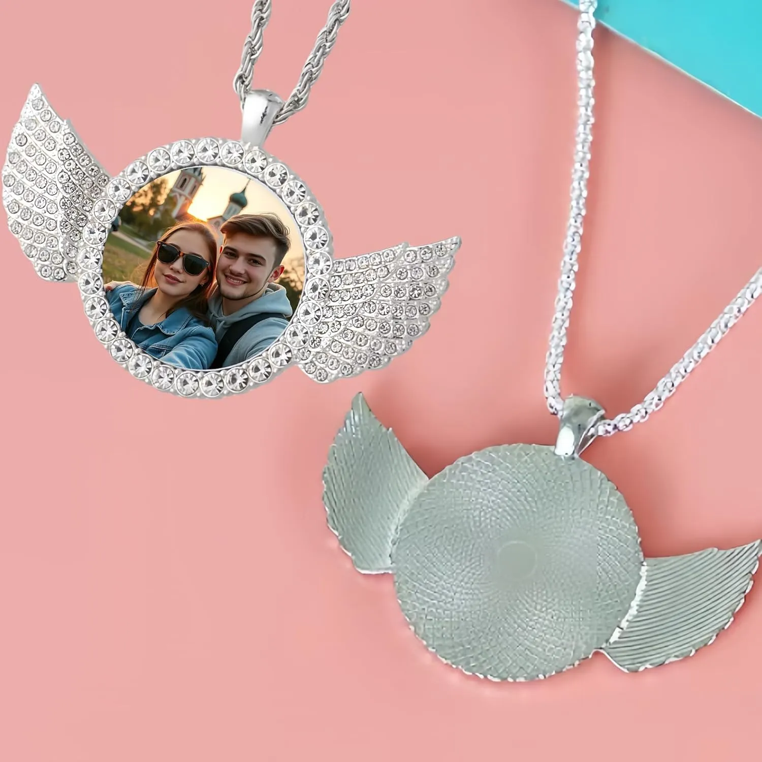 Custom Circle Chain with Wings, Personalized Memory Necklaces with Picture, Customized Angel Wings Round Chain, Gifts for Men Women