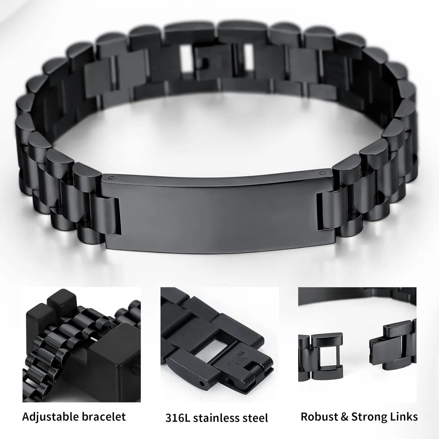 Customize Personlized Elegant Black Stainless Steel Adjustable Link Biker Bracelet for Dad Husband