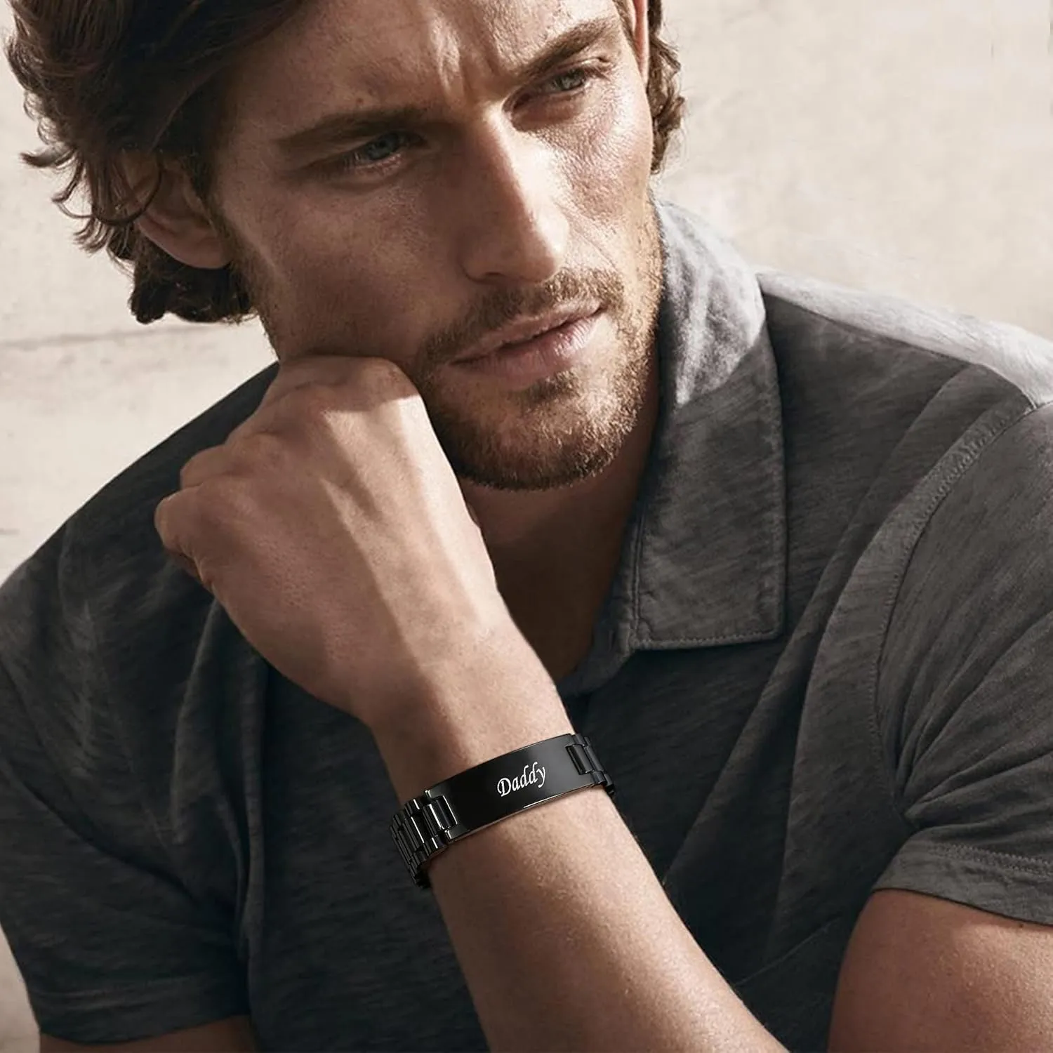 Customize Personlized Elegant Black Stainless Steel Adjustable Link Biker Bracelet for Dad Husband