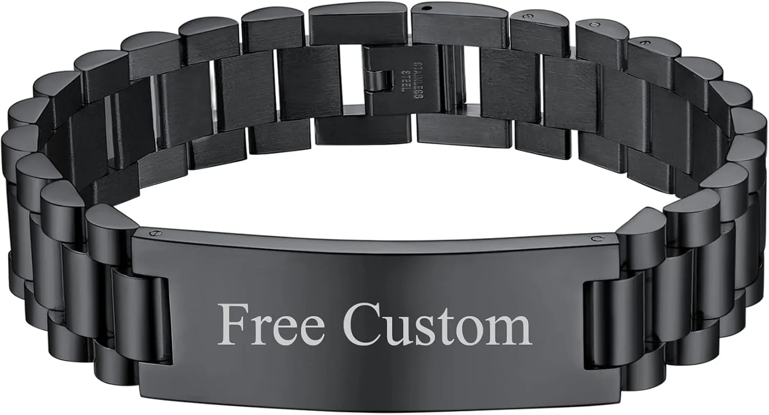 Customize Personlized Elegant Black Stainless Steel Adjustable Link Biker Bracelet for Dad Husband