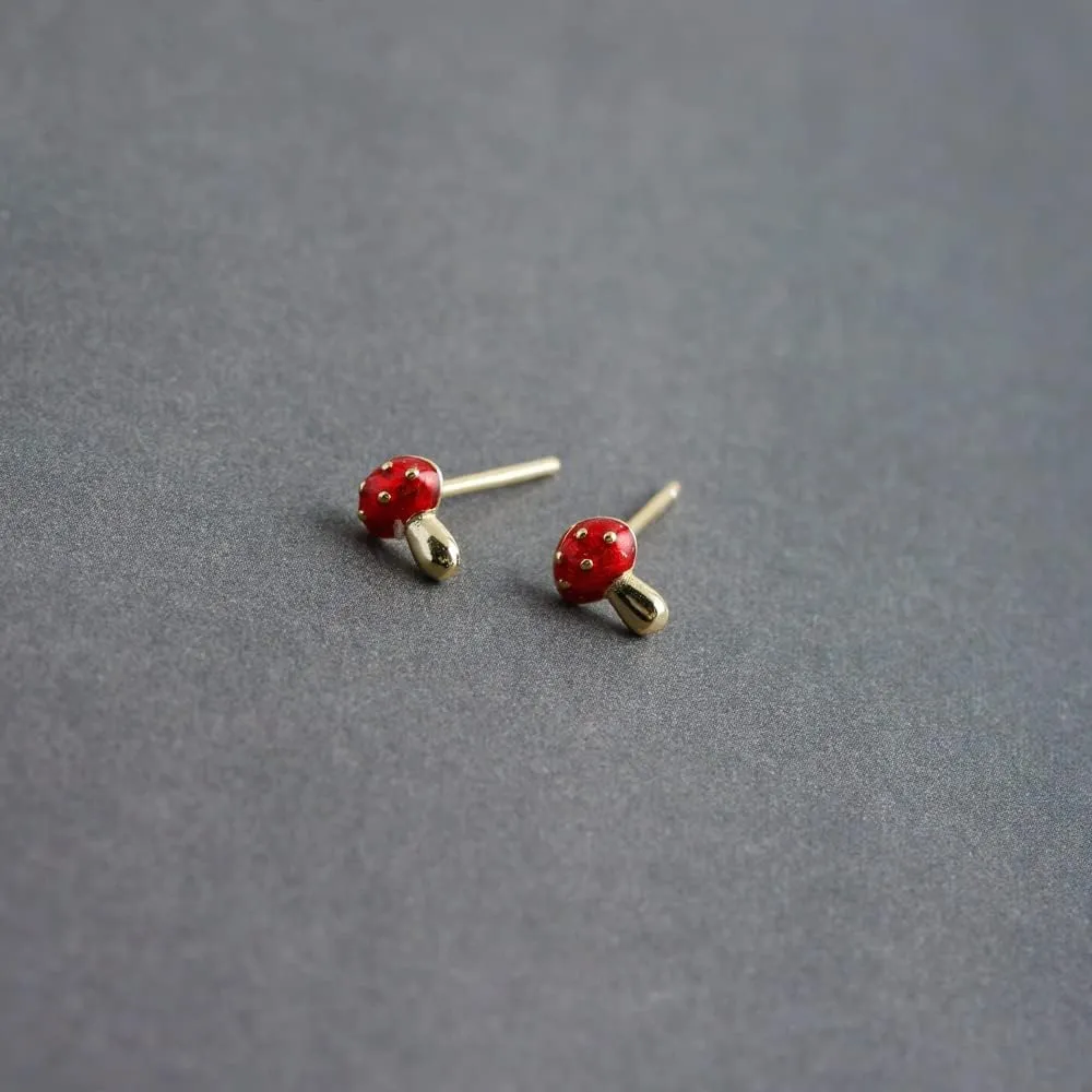 Cute Red Mushroom Enamel 925 Sterling Silver Cartilage Tragus Small Stud Earrings for Women Dainty Minimalist Tiny Mini Plant Piercing Post Pin Hypoallergenic for Sensitive Ear Fashion Jewelry Gifts Daughter Her Bff Birthday