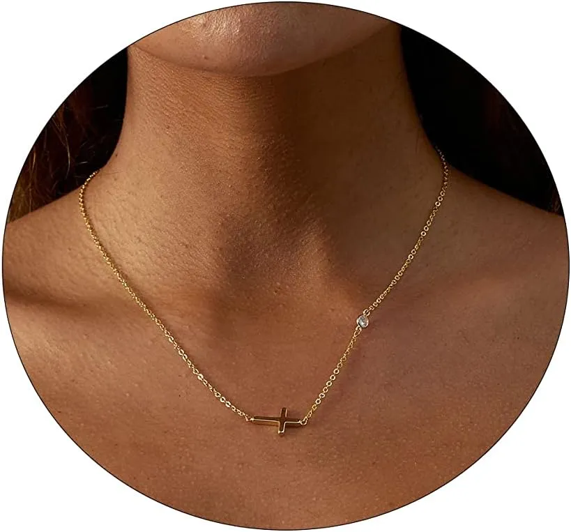 Dainty Cross Necklace for Women 14K Gold Plated Cross Pendant Necklaces Tiny Sideways Cross CZ Diamond Nekclace Delicate Everyday Jewelry Gift