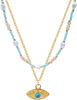 Dainty Evil Eye Necklace Layered Protection Necklaces for Women, Gold Evil Eye Necklace Handmade Pearl Beaded Blue Jewelry Gifts