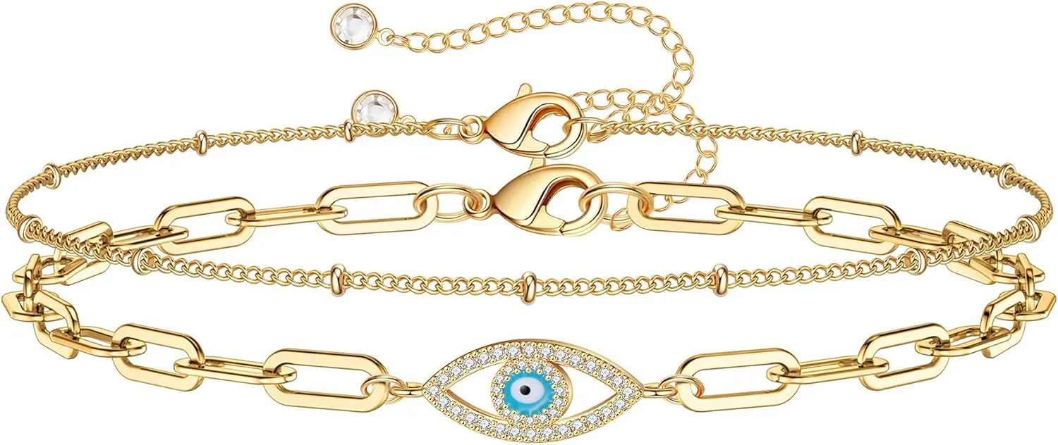 Dainty Gold Bracelets for Women, 14K Gold Plated Adjustable Layered Bracelet Cute Evil Eye Oval Chain Pearl Bar Turtle Gold Bracelets for Women Jewelry