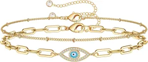 Dainty Gold Bracelets for Women, 14K Gold Plated Adjustable Layered Bracelet Cute Evil Eye Oval Chain Pearl Bar Turtle Gold Bracelets for Women Jewelry