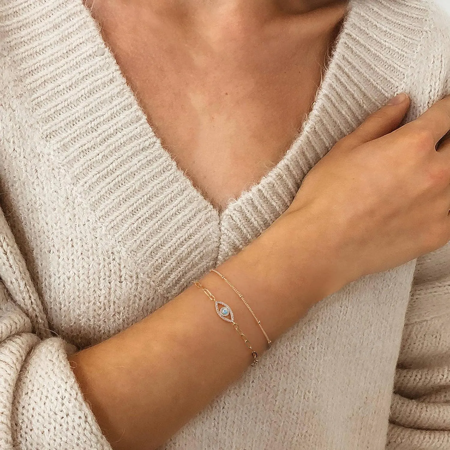 Dainty Gold Bracelets for Women, 14K Gold Plated Adjustable Layered Bracelet Cute Evil Eye Oval Chain Pearl Bar Turtle Gold Bracelets for Women Jewelry