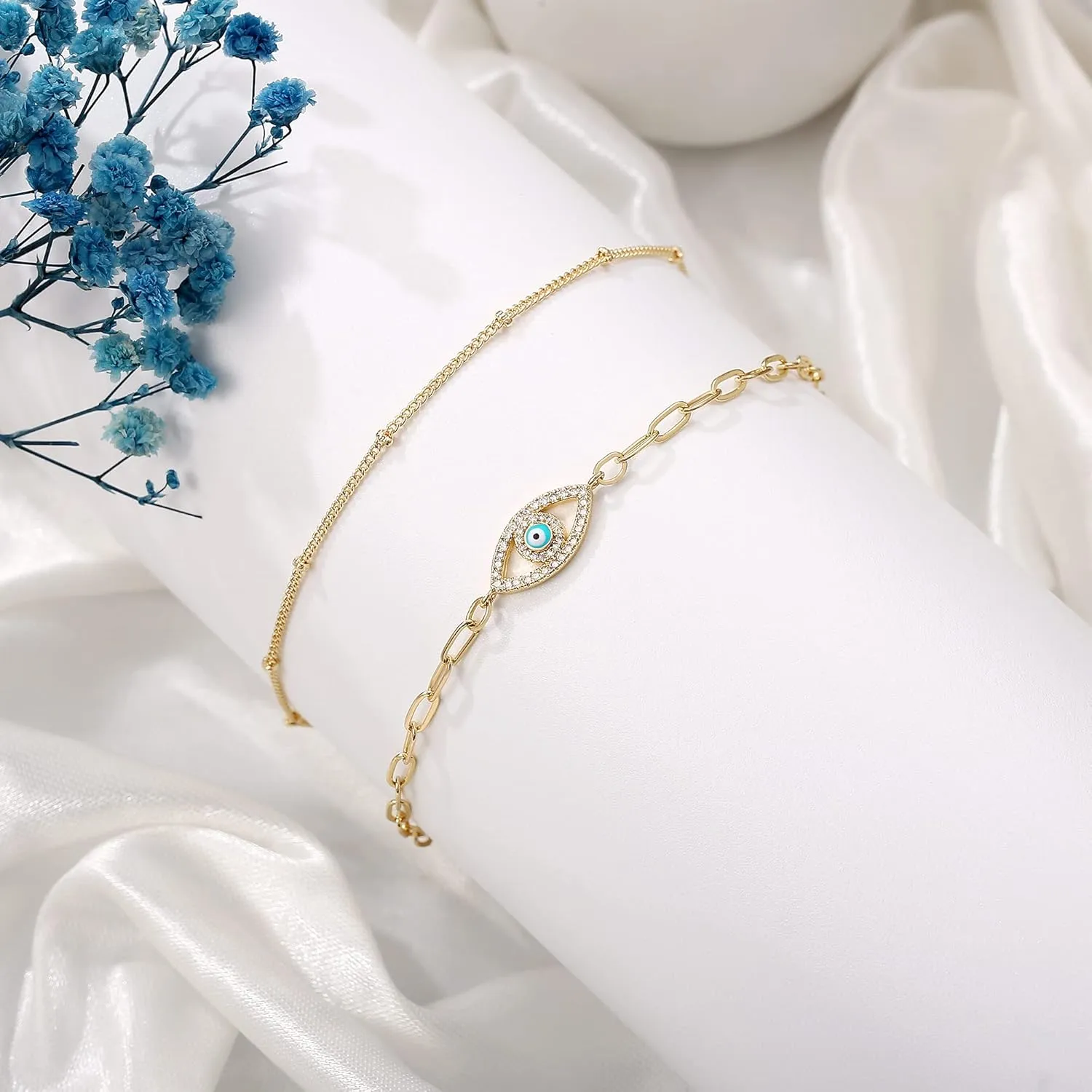 Dainty Gold Bracelets for Women, 14K Gold Plated Adjustable Layered Bracelet Cute Evil Eye Oval Chain Pearl Bar Turtle Gold Bracelets for Women Jewelry