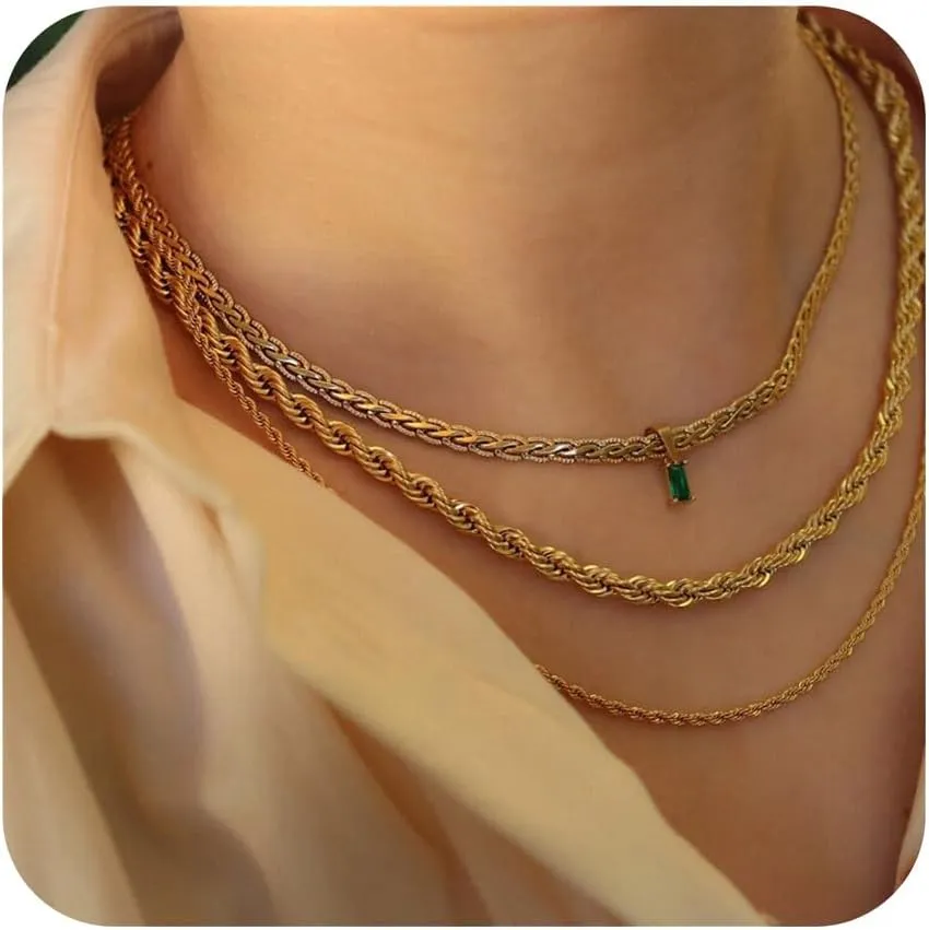 Dainty Layering Necklaces for Women 18K Gold Plated Rope Chain Vintage Waterproof Anti Tarnish Layered Choker Necklace