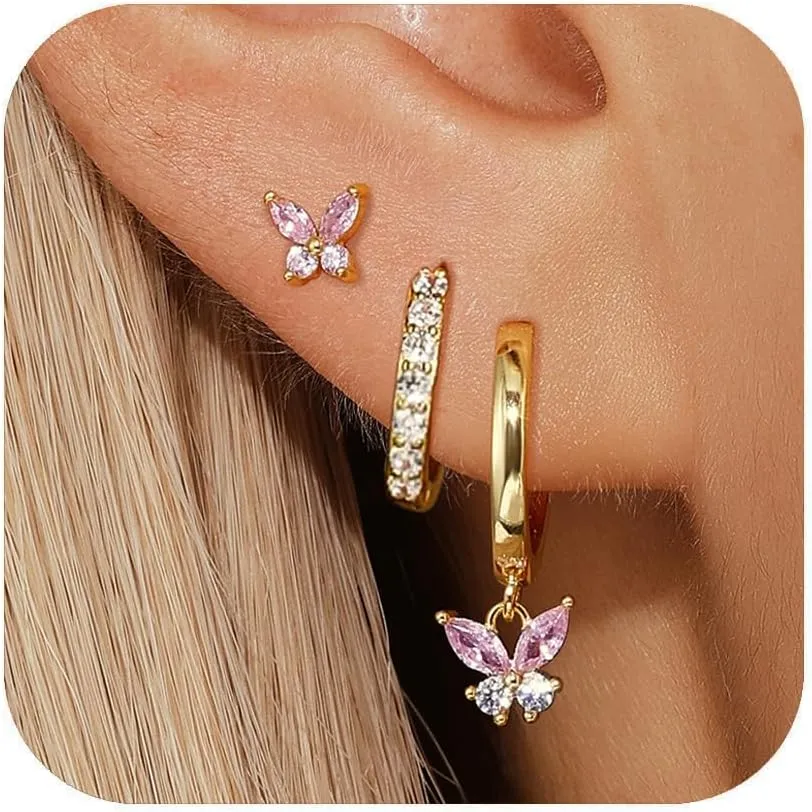 Dainty Pink Butterfly Earrings for Women, 14K Gold Plated Butterfly Hoop Earring Sets with S925 Sterling Silver Post, Pink Earring Stacks Jewelry