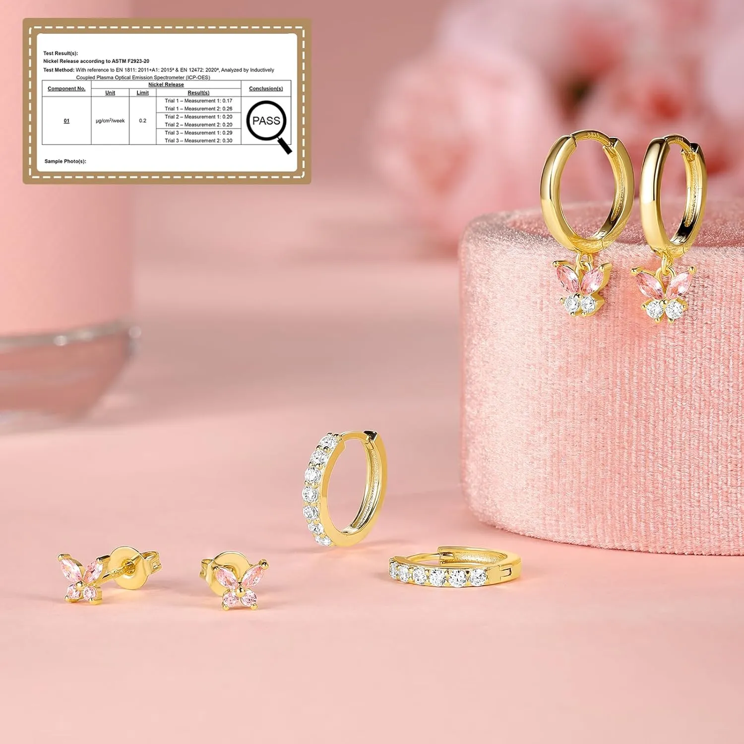 Dainty Pink Butterfly Earrings for Women, 14K Gold Plated Butterfly Hoop Earring Sets with S925 Sterling Silver Post, Pink Earring Stacks Jewelry