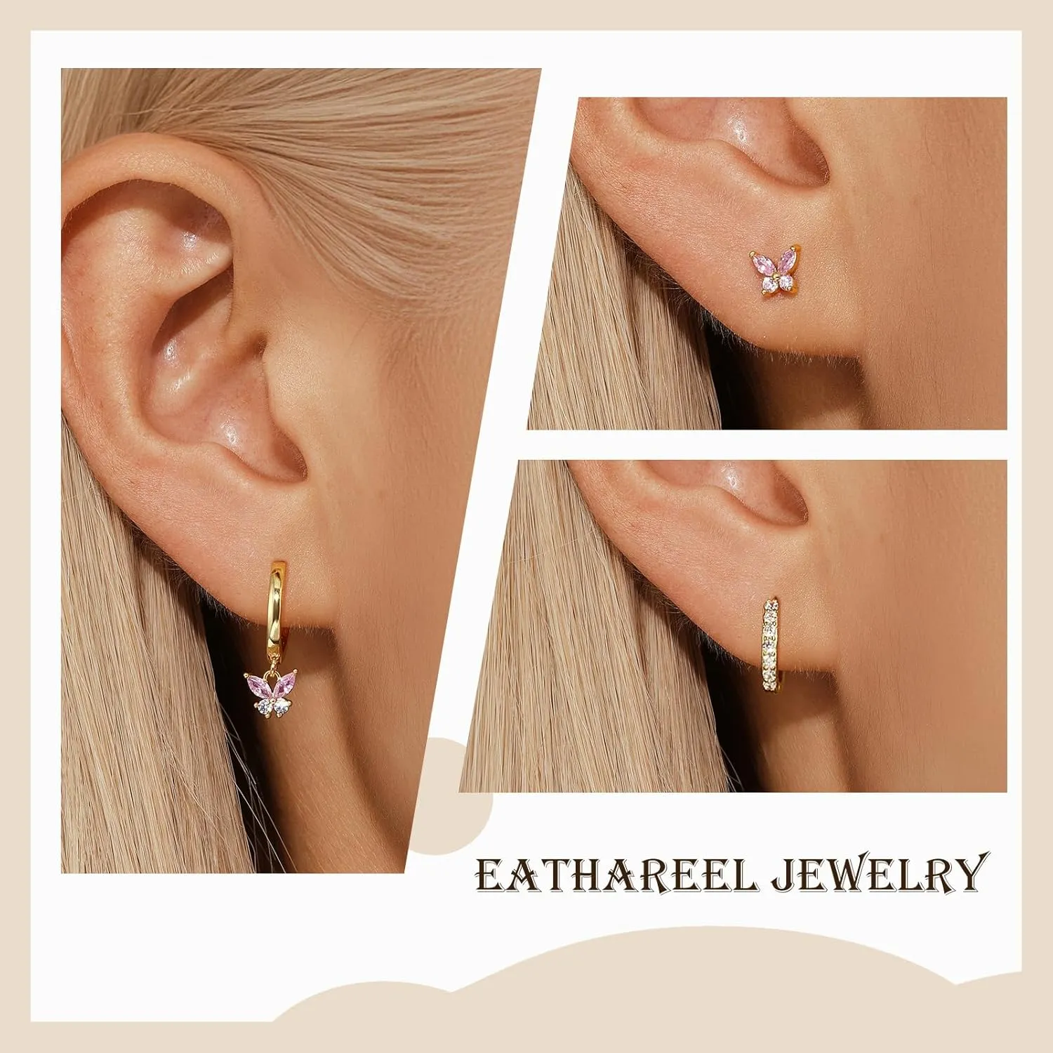 Dainty Pink Butterfly Earrings for Women, 14K Gold Plated Butterfly Hoop Earring Sets with S925 Sterling Silver Post, Pink Earring Stacks Jewelry