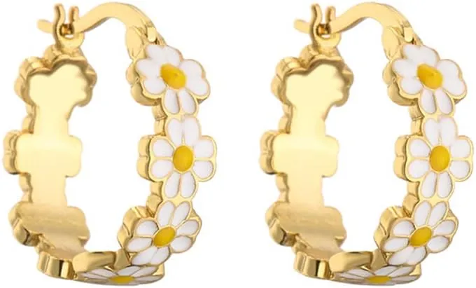 Daisy Flower Small Hoop Earrings for Women Teen Girls Dainty Enamel Lucky Flowers Huggie Hoops Hypoallergenic Fashion Jewelry Gifts Daughter Her Birthday 18mm