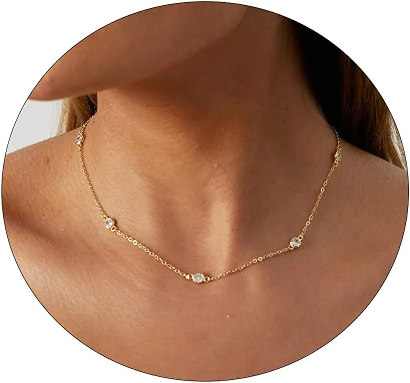 Danity Gold Necklace for Women 14K Gold Plated Satellite Necklaces Gold Link Chain Necklace Tiny Dot Bar Necklace Simple Everyday Jewelry Gift
