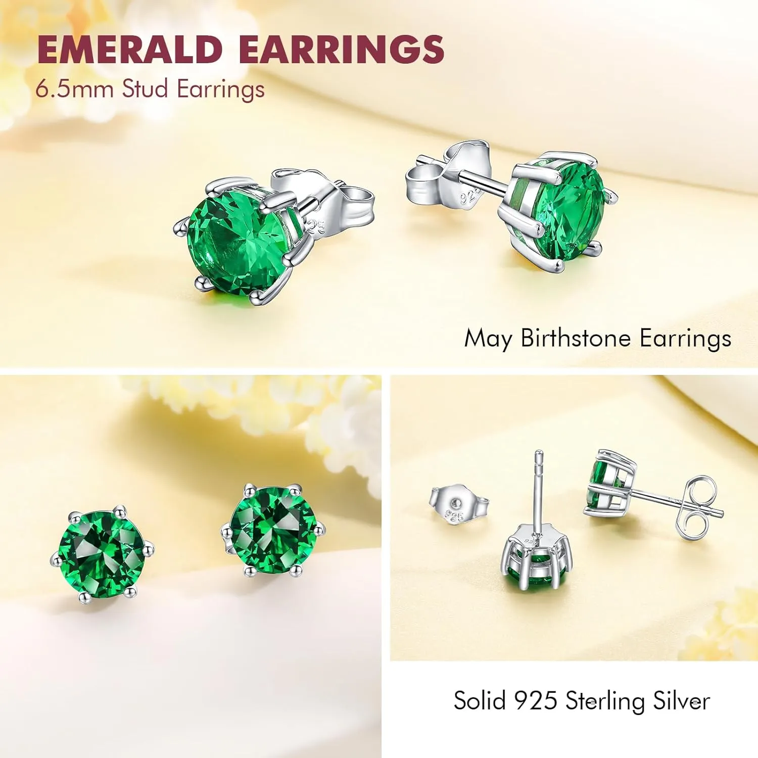 DAYBYDAY 925 Sterling Silver Birthstone Earrings for Women, Crystal Stud Earrings, 6.5mm Round Cut Solitaire Gemstone Earrings Birthday Jewelry