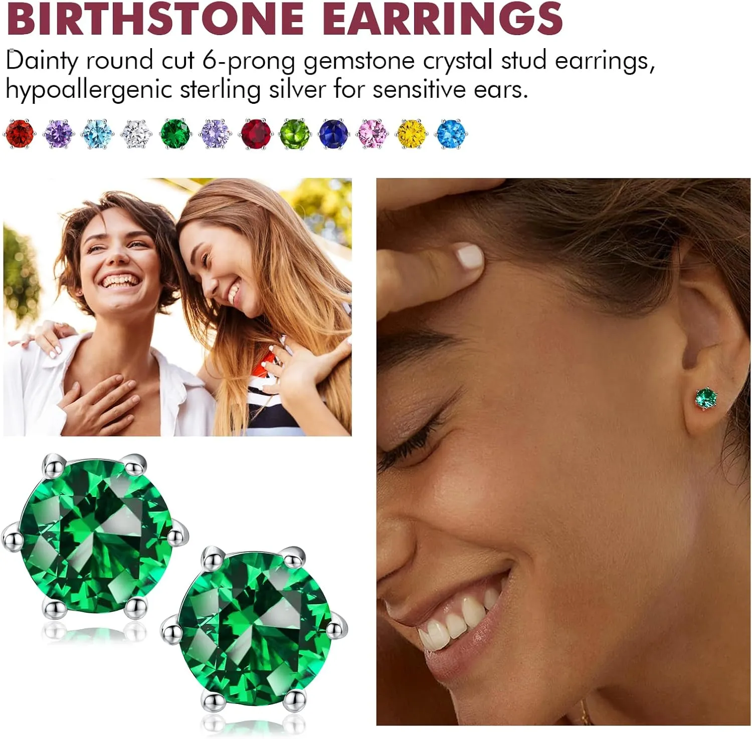 DAYBYDAY 925 Sterling Silver Birthstone Earrings for Women, Crystal Stud Earrings, 6.5mm Round Cut Solitaire Gemstone Earrings Birthday Jewelry