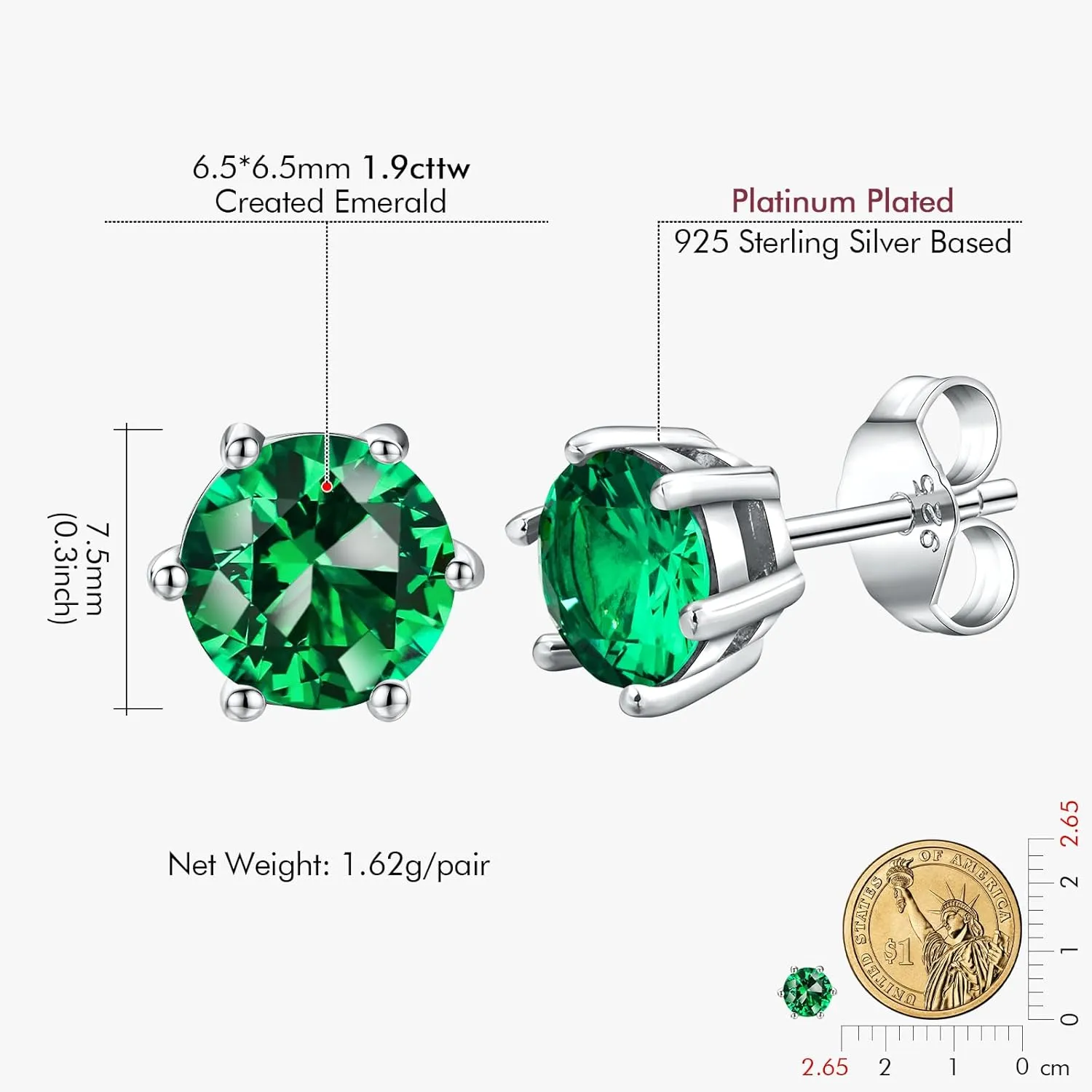 DAYBYDAY 925 Sterling Silver Birthstone Earrings for Women, Crystal Stud Earrings, 6.5mm Round Cut Solitaire Gemstone Earrings Birthday Jewelry