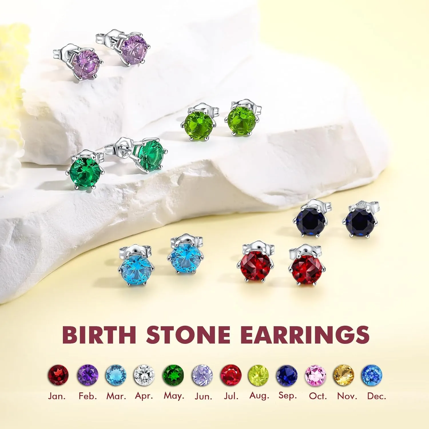 DAYBYDAY 925 Sterling Silver Birthstone Earrings for Women, Crystal Stud Earrings, 6.5mm Round Cut Solitaire Gemstone Earrings Birthday Jewelry