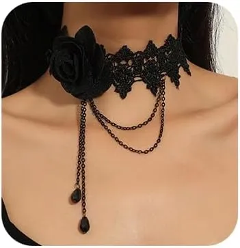 Denifery Flower Choker Necklace with Crystal for Women Lace Choker Necklaces Rose Choker Necklace for Prom Costume Party Cosplay