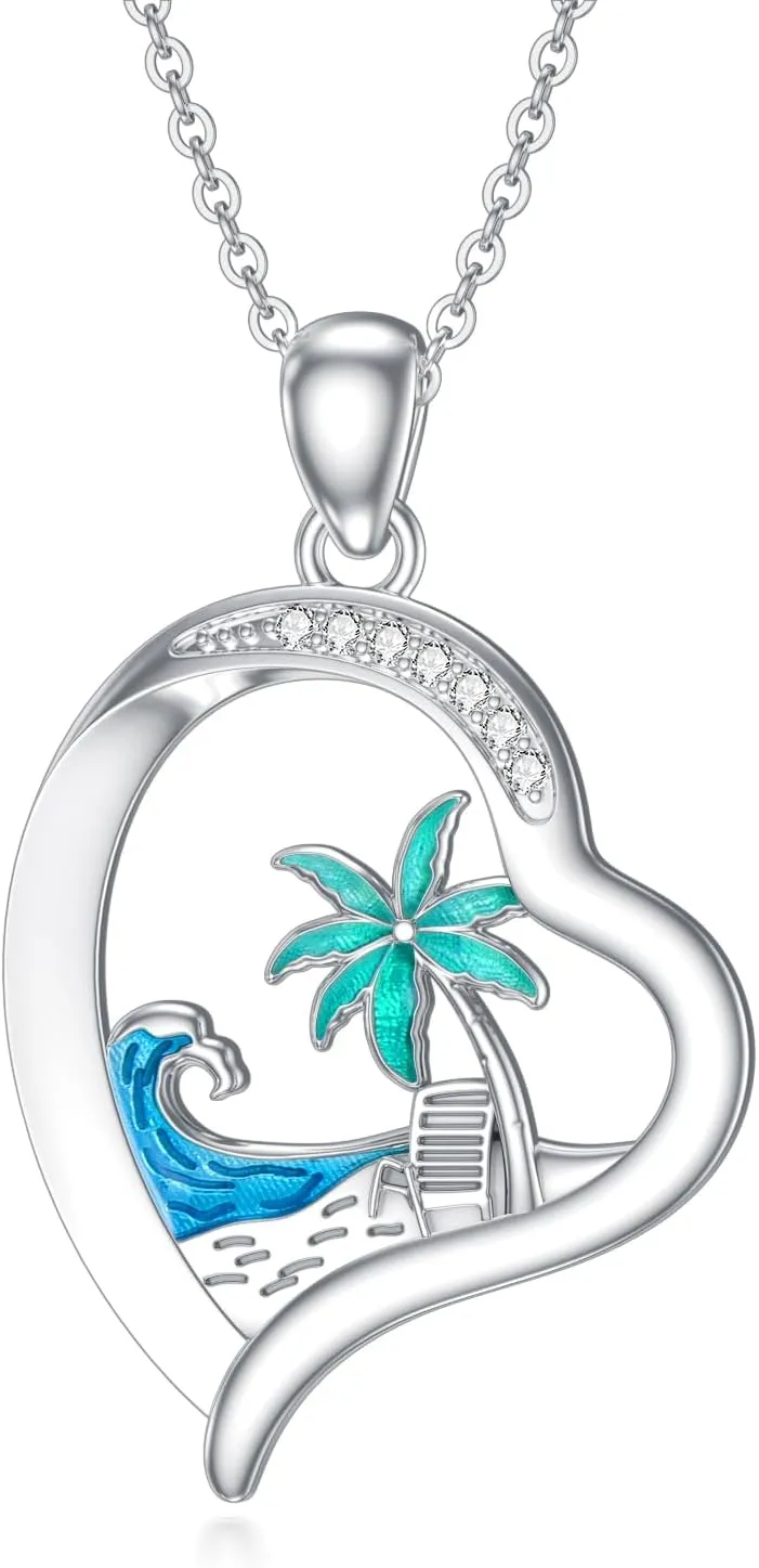 Diamond Beach Necklace 925 Sterling Silver Ocean Wave Heart Pendant Necklaces Gift for Women Mom Wife Girlfriend Daughter