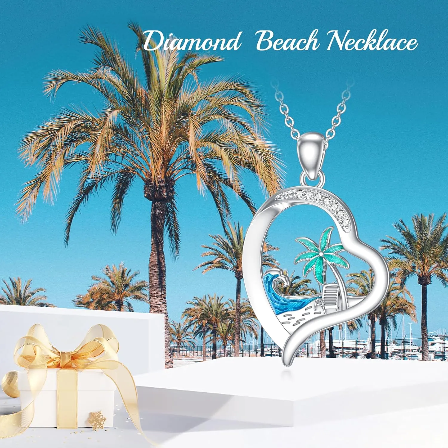 Diamond Beach Necklace 925 Sterling Silver Ocean Wave Heart Pendant Necklaces Gift for Women Mom Wife Girlfriend Daughter