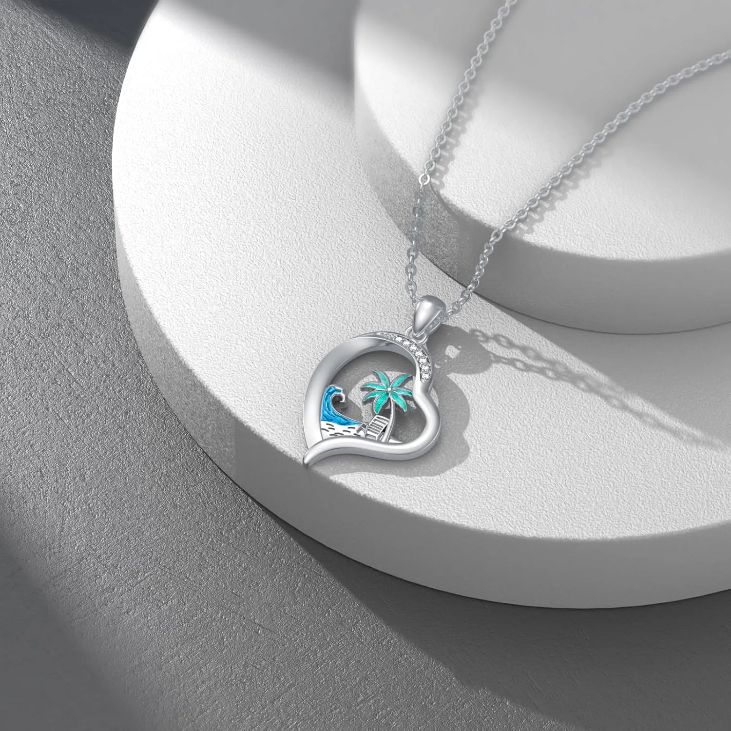 Diamond Beach Necklace 925 Sterling Silver Ocean Wave Heart Pendant Necklaces Gift for Women Mom Wife Girlfriend Daughter