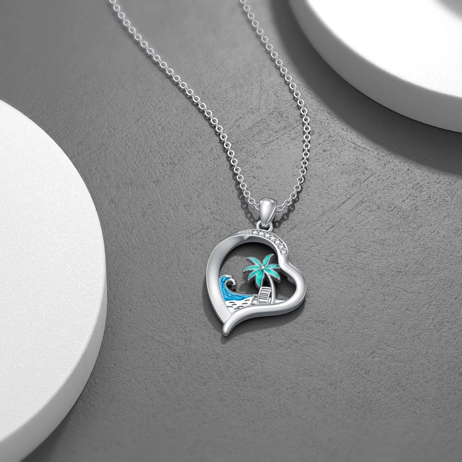 Diamond Beach Necklace 925 Sterling Silver Ocean Wave Heart Pendant Necklaces Gift for Women Mom Wife Girlfriend Daughter
