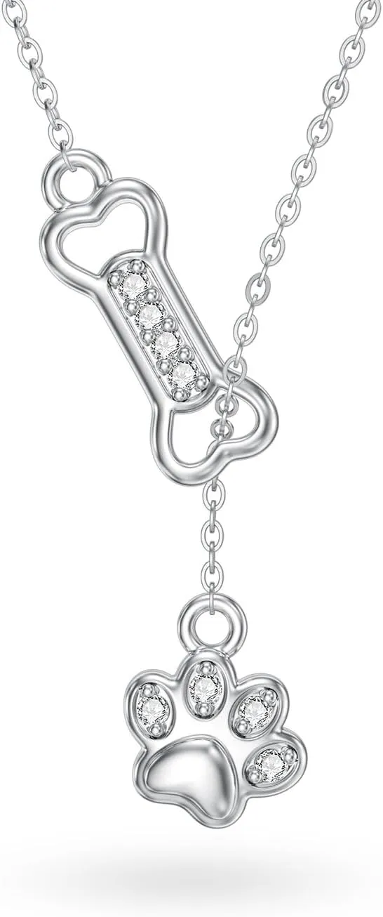 Diamond Dog Paw Bone Y Necklace for Women 925 Sterling Silver 18K Gold Plated Charm Paw Print Necklaces Pet Jewelry