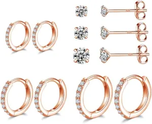 Dlihc Sterling Silver Hoop Earrings Sterling Silver Stud Earrings for Women 6 Pairs Hypoallergenic Tiny Cubic Zirconia Stud Set Cartilage Hoops