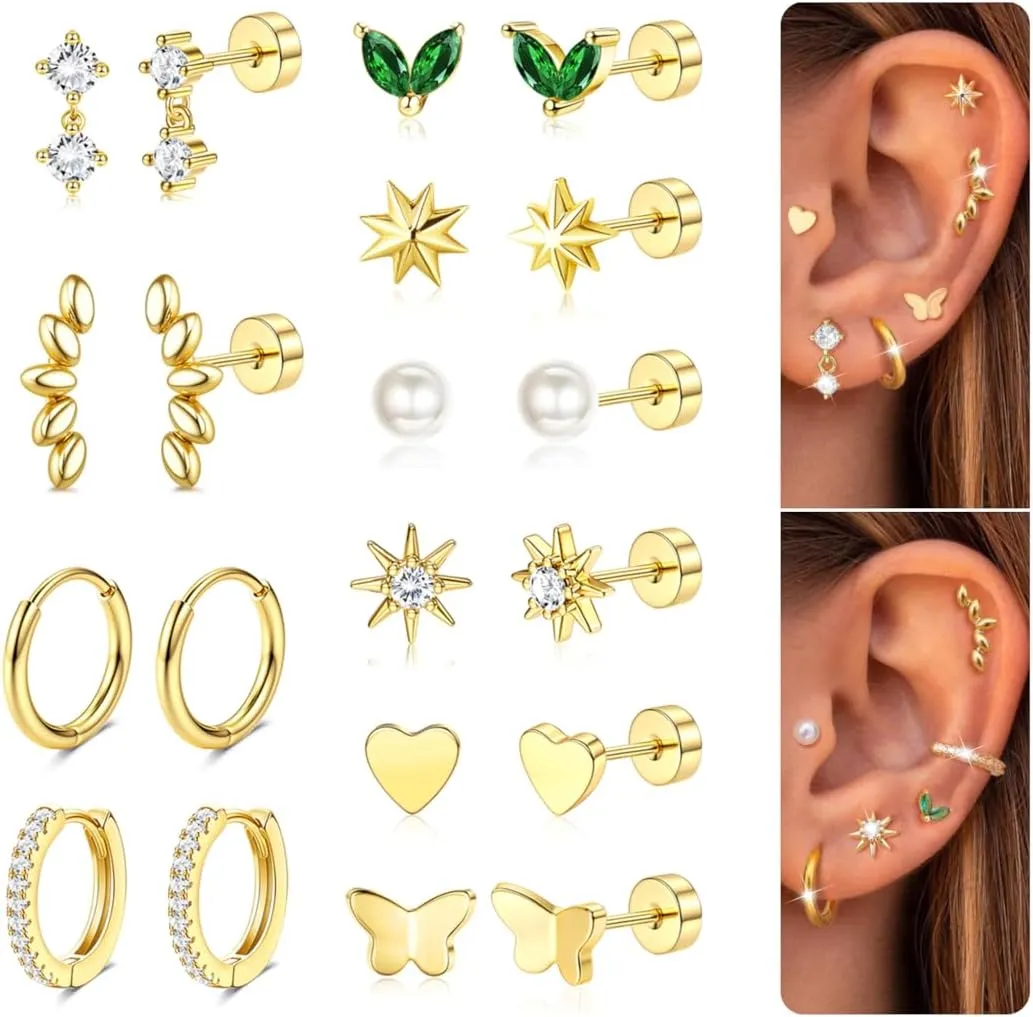 Dochais Surgical Steel Flat Back Earrings Small Cartilage Hoop Earring for Sensitive Ears Women Trendy 14k Gold Flatback Studs Hypoallergenic Earings Stacks Tragus/Helix Piercing Jewelry