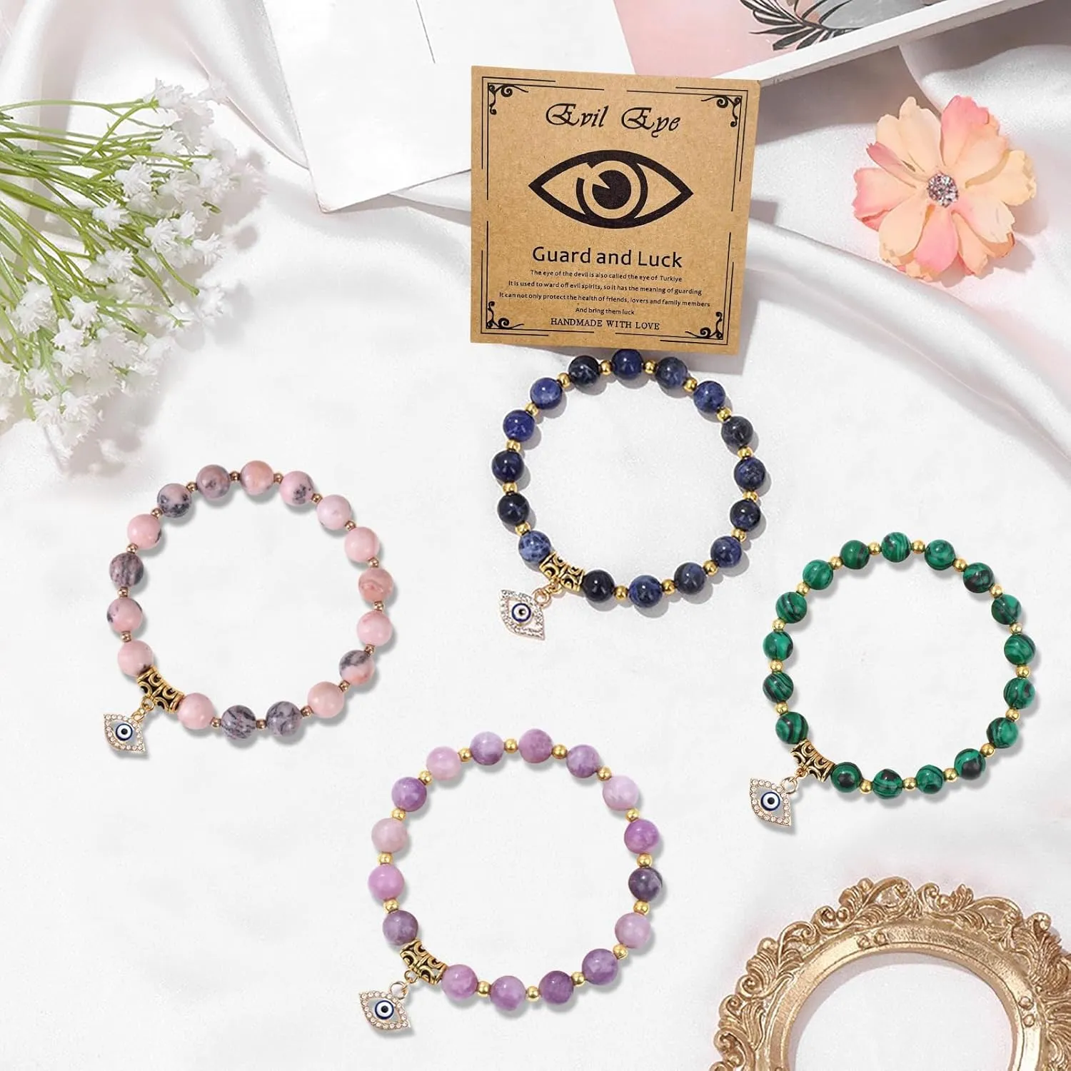 Evil Eye Bracelets, Protection Bracelets for Women, Mal De Ojo Bracelet, Healing Natural Stone Beads Bracelet Amulet Jewelry Bring Happiness Prosperity Blessing, Good Luck Jewelry Gifts for Women