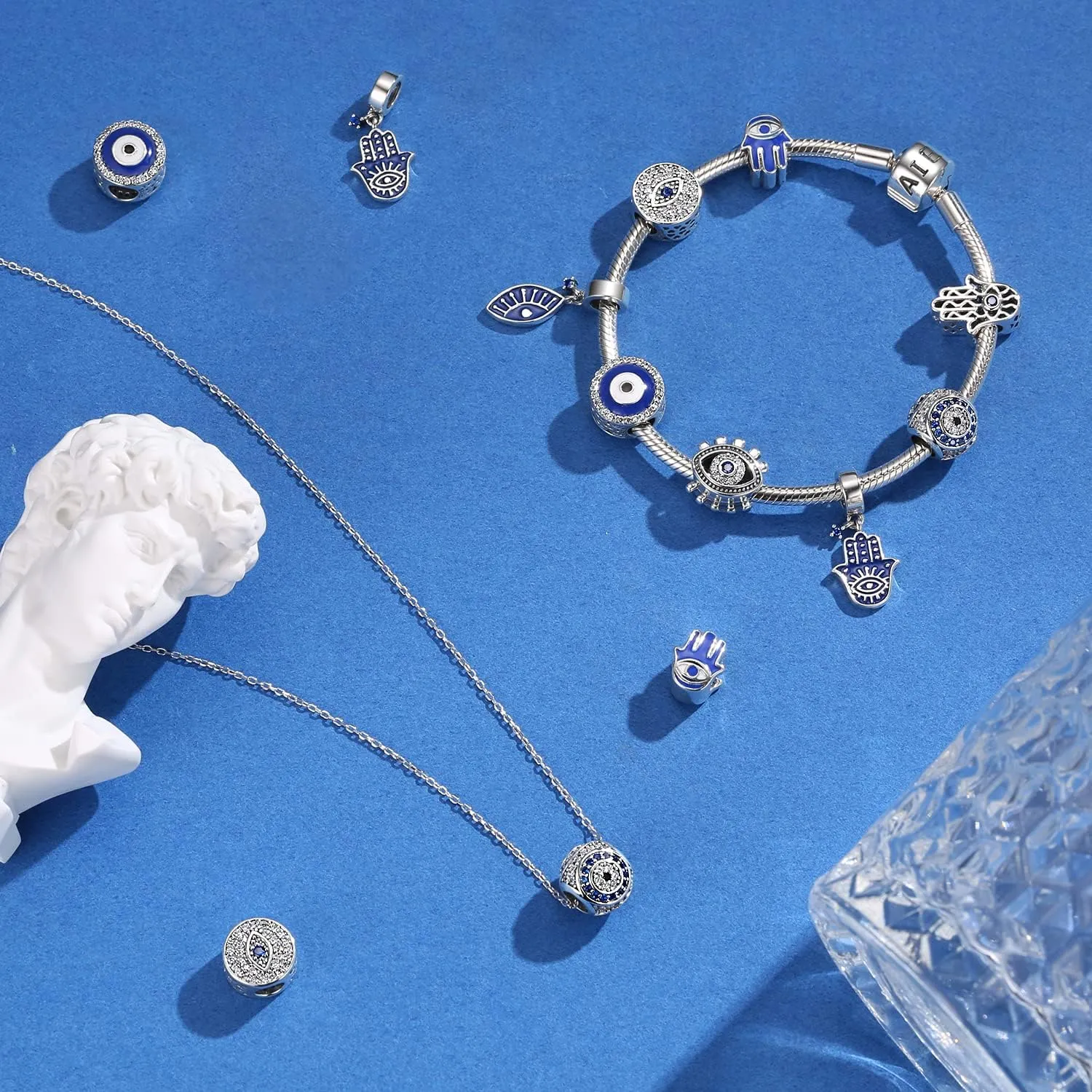 Evil Eye Charms 925 Sterling Silver Charms for Bracelet and Lucky Jewelry Hamsa Charm Fatima Charms Beads European Charm Evil Eye Compatible Bracelet Necklace for Women Mother Sister Gifts