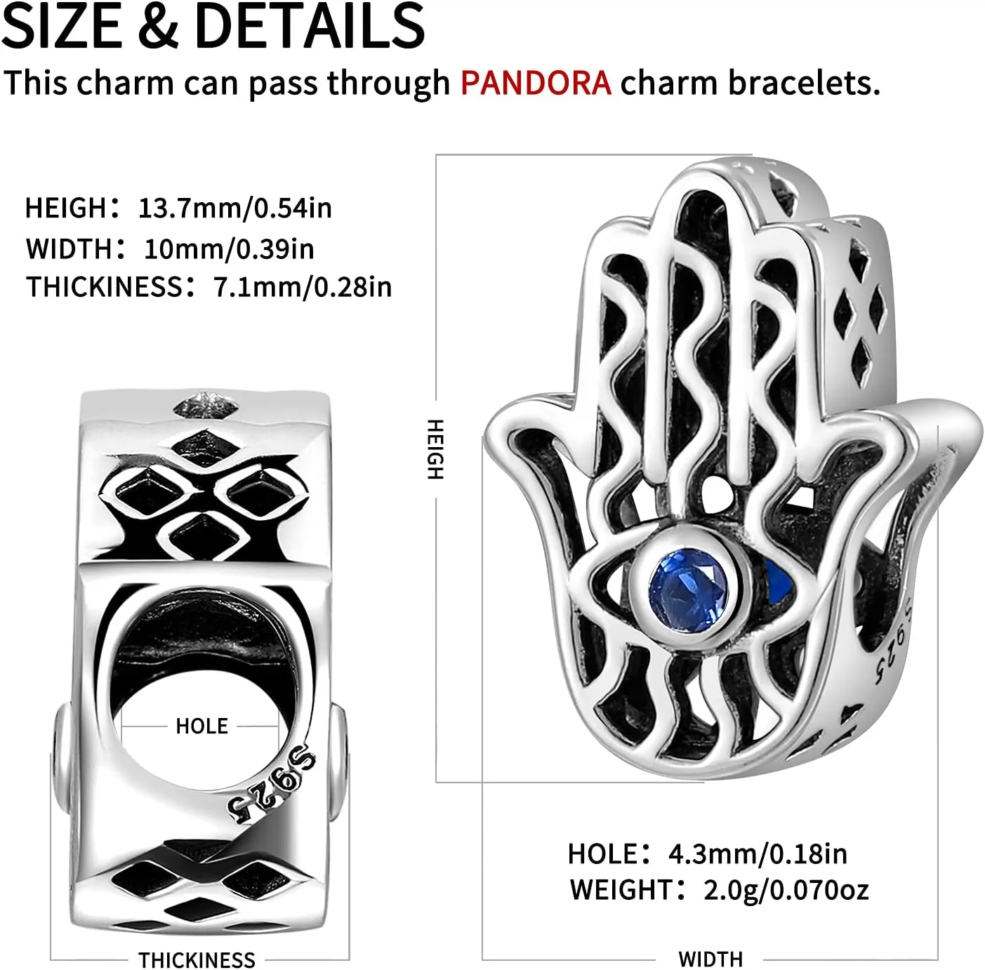 Evil Eye Charms 925 Sterling Silver Charms for Bracelet and Lucky Jewelry Hamsa Charm Fatima Charms Beads European Charm Evil Eye Compatible Bracelet Necklace for Women Mother Sister Gifts