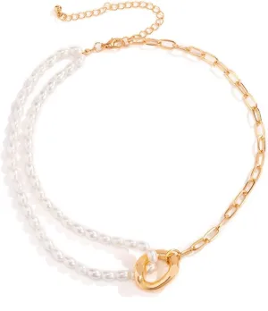 Exaggerated Double Layered Imitation Pearls Metal Asymmetric Chain Choker Necklace Jewelry For Women Accessories Gifts VW9OE (Gold color)
