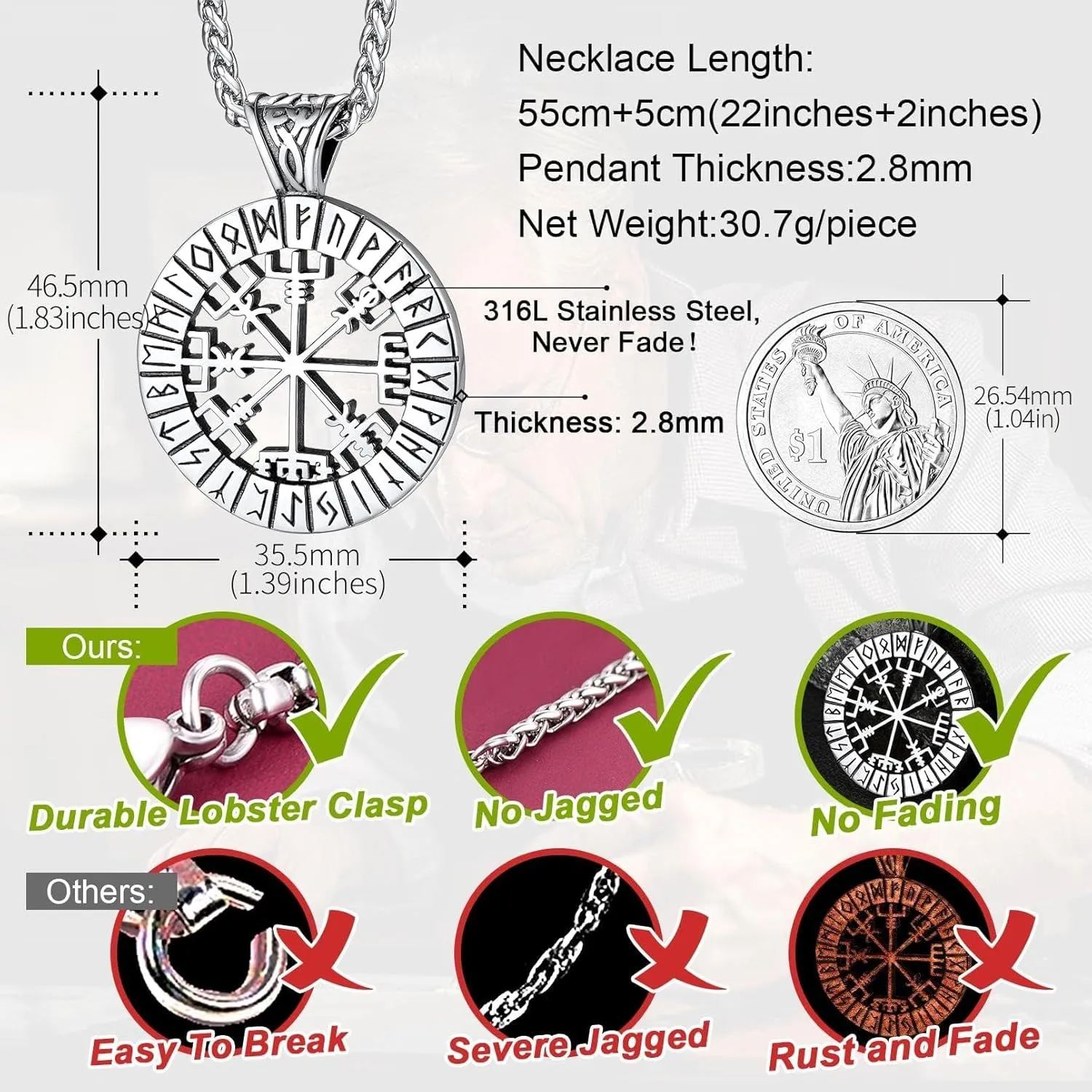 FaithHeart Viking Medal Necklace for Men Sturdy Stainless Steel Pendant Necklaces Retro Norse Mythology Jewelry with Gift Box