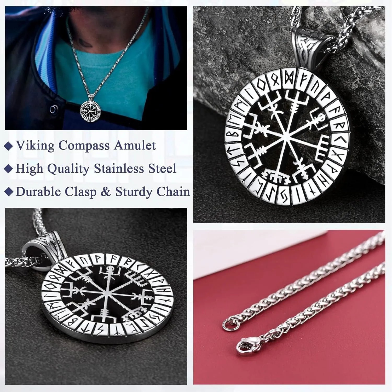 FaithHeart Viking Medal Necklace for Men Sturdy Stainless Steel Pendant Necklaces Retro Norse Mythology Jewelry with Gift Box