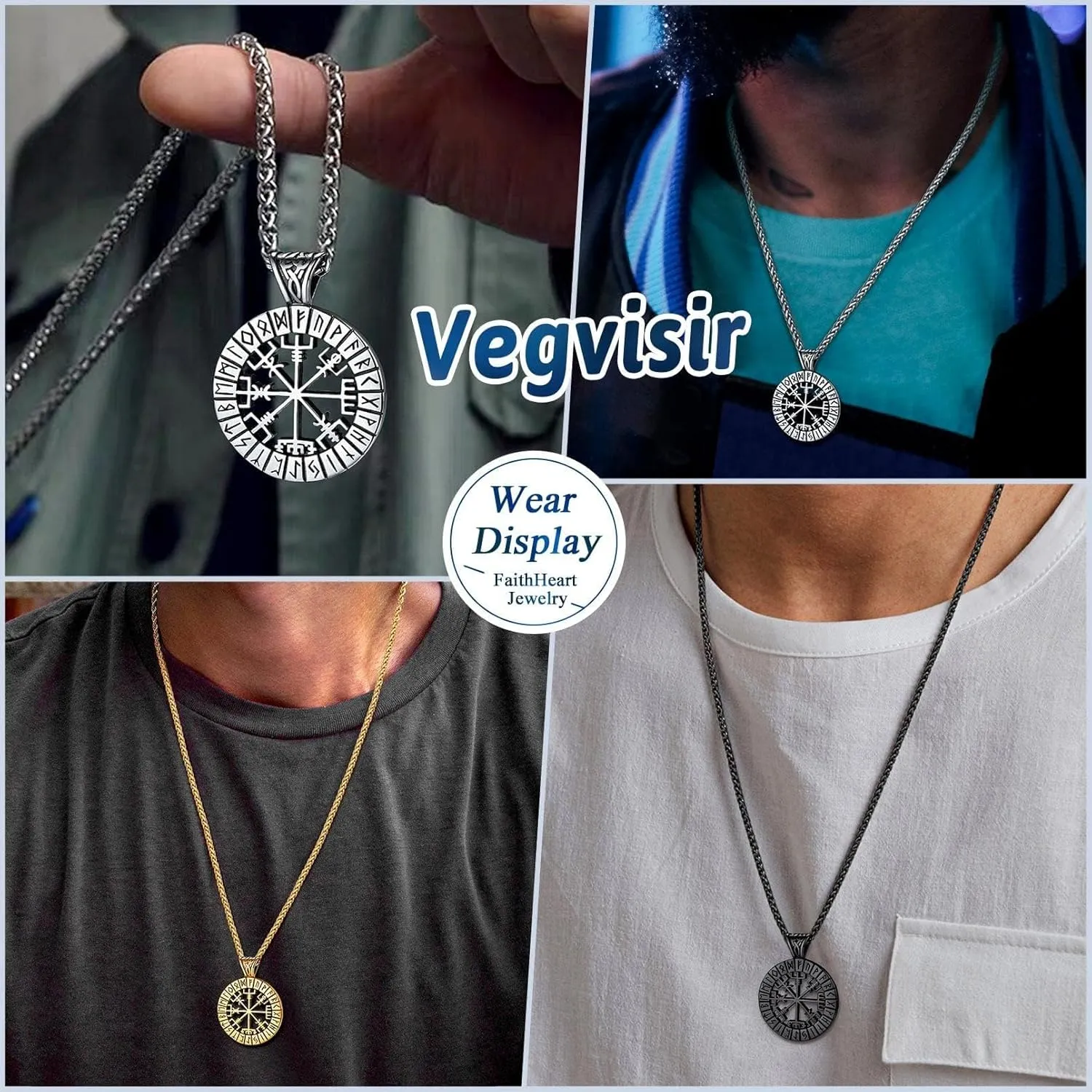 FaithHeart Viking Medal Necklace for Men Sturdy Stainless Steel Pendant Necklaces Retro Norse Mythology Jewelry with Gift Box