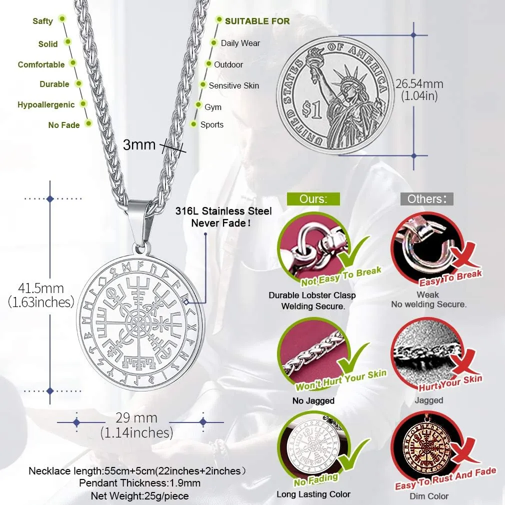 FaithHeart Viking Medal Necklace for Men Sturdy Stainless Steel Pendant Necklaces Retro Norse Mythology Jewelry with Gift Box