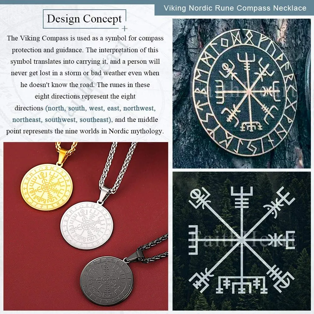 FaithHeart Viking Medal Necklace for Men Sturdy Stainless Steel Pendant Necklaces Retro Norse Mythology Jewelry with Gift Box