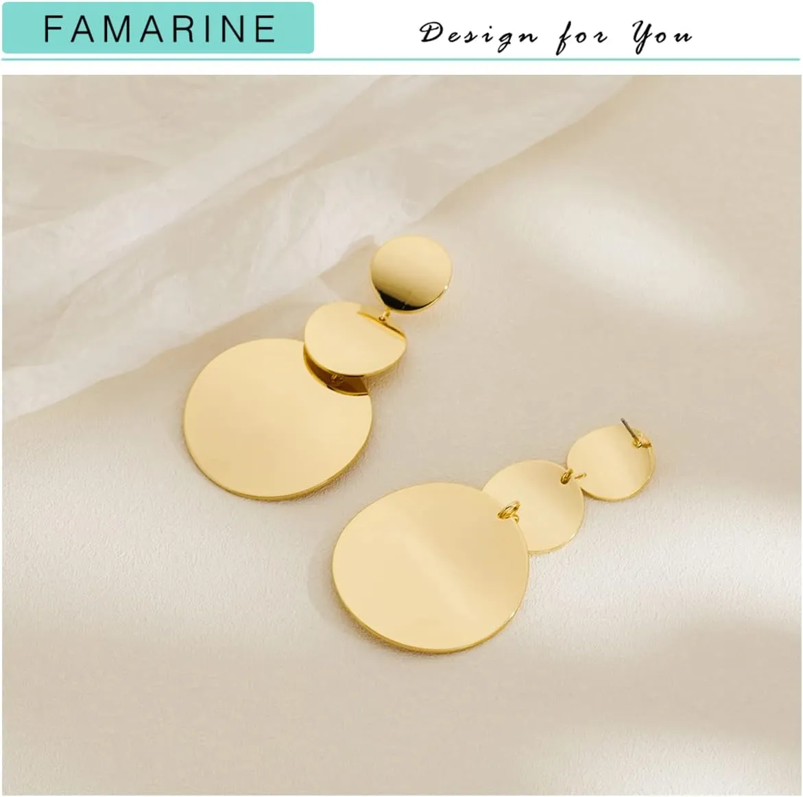 FAMARINE Gold Silver Disc Dangle Earrings for Women