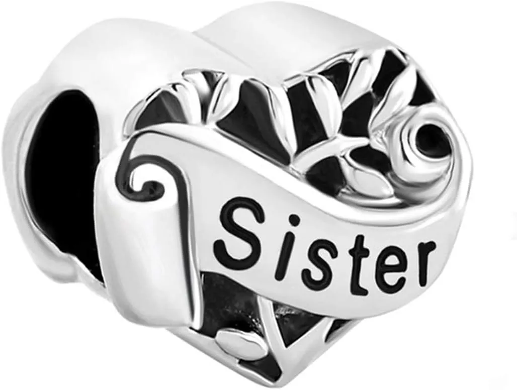 Family Heart Scroll Charm Compatible with Pandora Charms Moments Bracelets Mom Aunt Grandma Daughter Sister Wife
