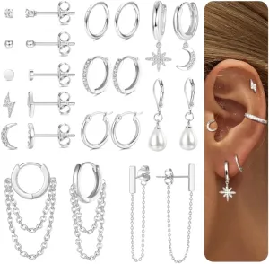 FASACCO 12Pairs Gold Hoop Earrings for Women 14K Gold Plated Cartilage Earring Sets for Multiple Piercing Hypoallergenic Stainless Steel Earrings Dainty Earring Stack Small Hoop Stud Earrings