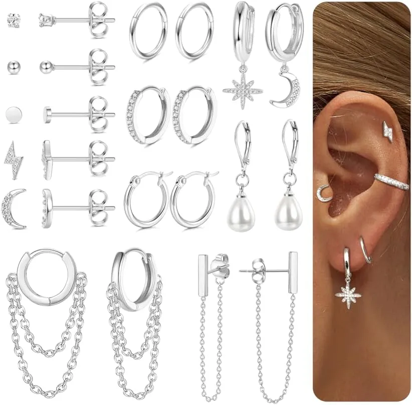 FASACCO 12Pairs Gold Hoop Earrings for Women 14K Gold Plated Cartilage Earring Sets for Multiple Piercing Hypoallergenic Stainless Steel Earrings Dainty Earring Stack Small Hoop Stud Earrings