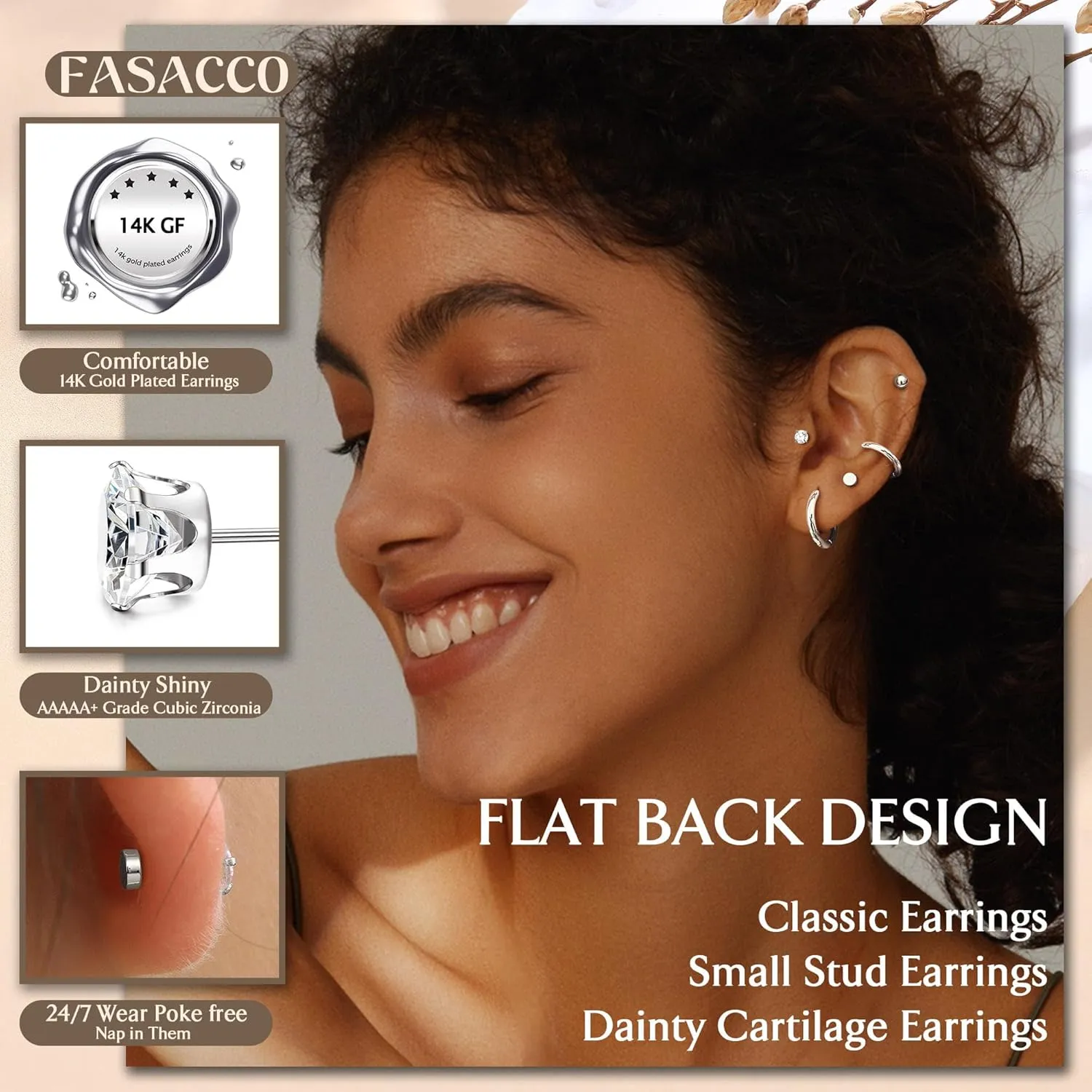 FASACCO Small Tiny Stud Flat Back Earring Hypoallergenic Gold Studs 14K Surgical Steel Earring Sets for Multiple Piercing Cartilage Hoop Earrings