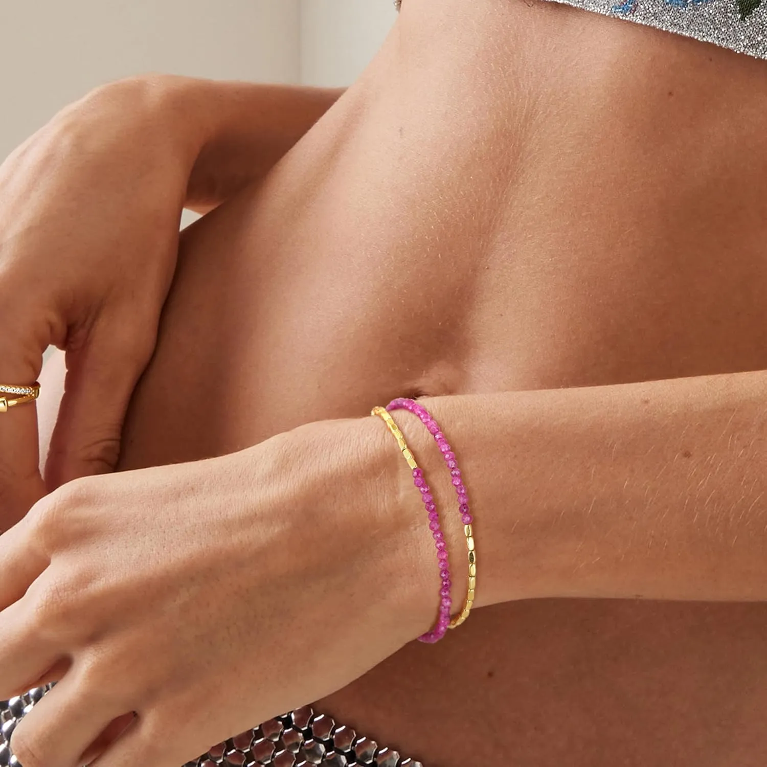Fettero Charm Bracelet for Women Trendy - Dainty Gold Bracelet Stack Cute Beads Bracelet 14K Gold Plated Layered Boho Bracelets Jewelry