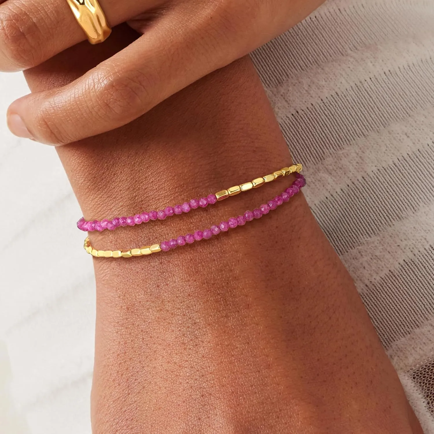 Fettero Charm Bracelet for Women Trendy - Dainty Gold Bracelet Stack Cute Beads Bracelet 14K Gold Plated Layered Boho Bracelets Jewelry
